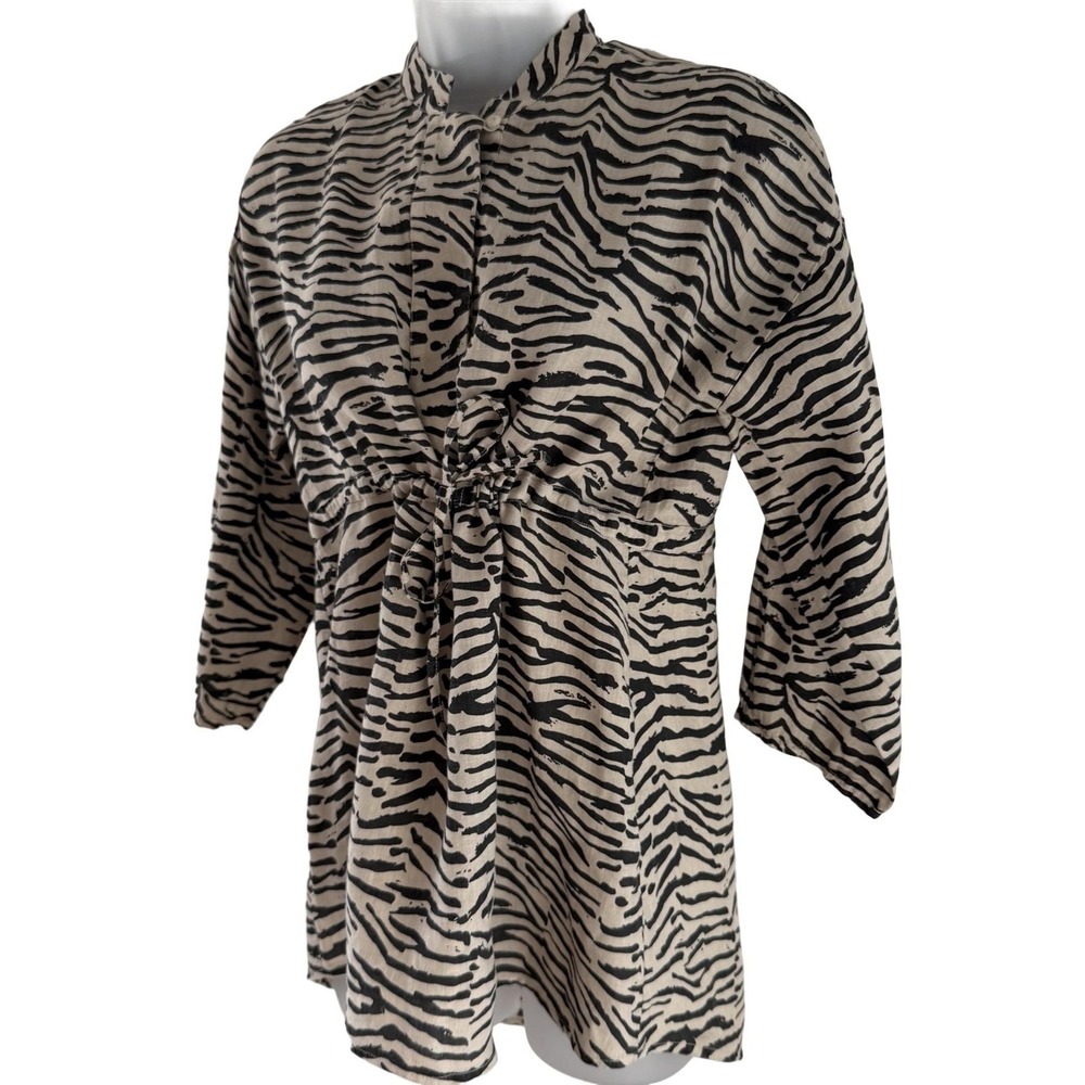 120% Lino Shirt Womens Medium Beige Black Zebra Print Linen Tunic‎ Blouse Italy